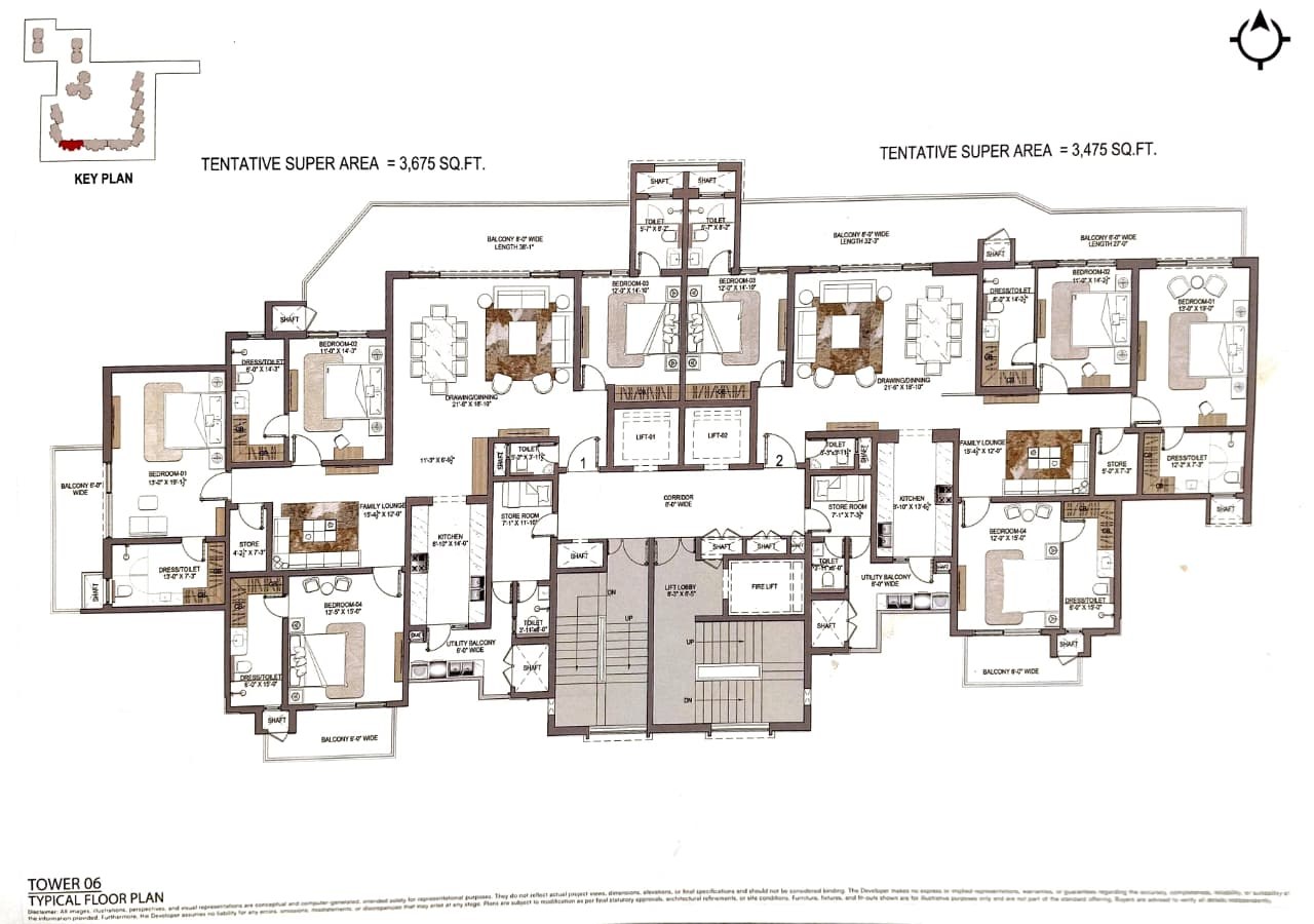 3+1 BHK floor plan - Tower 6 Unit 2, KS One-O-8