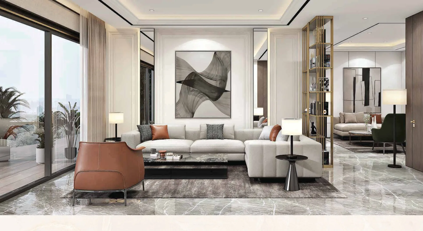 KS One-O-8 living room - naturally lit, Vastu-aligned interiors with city views
